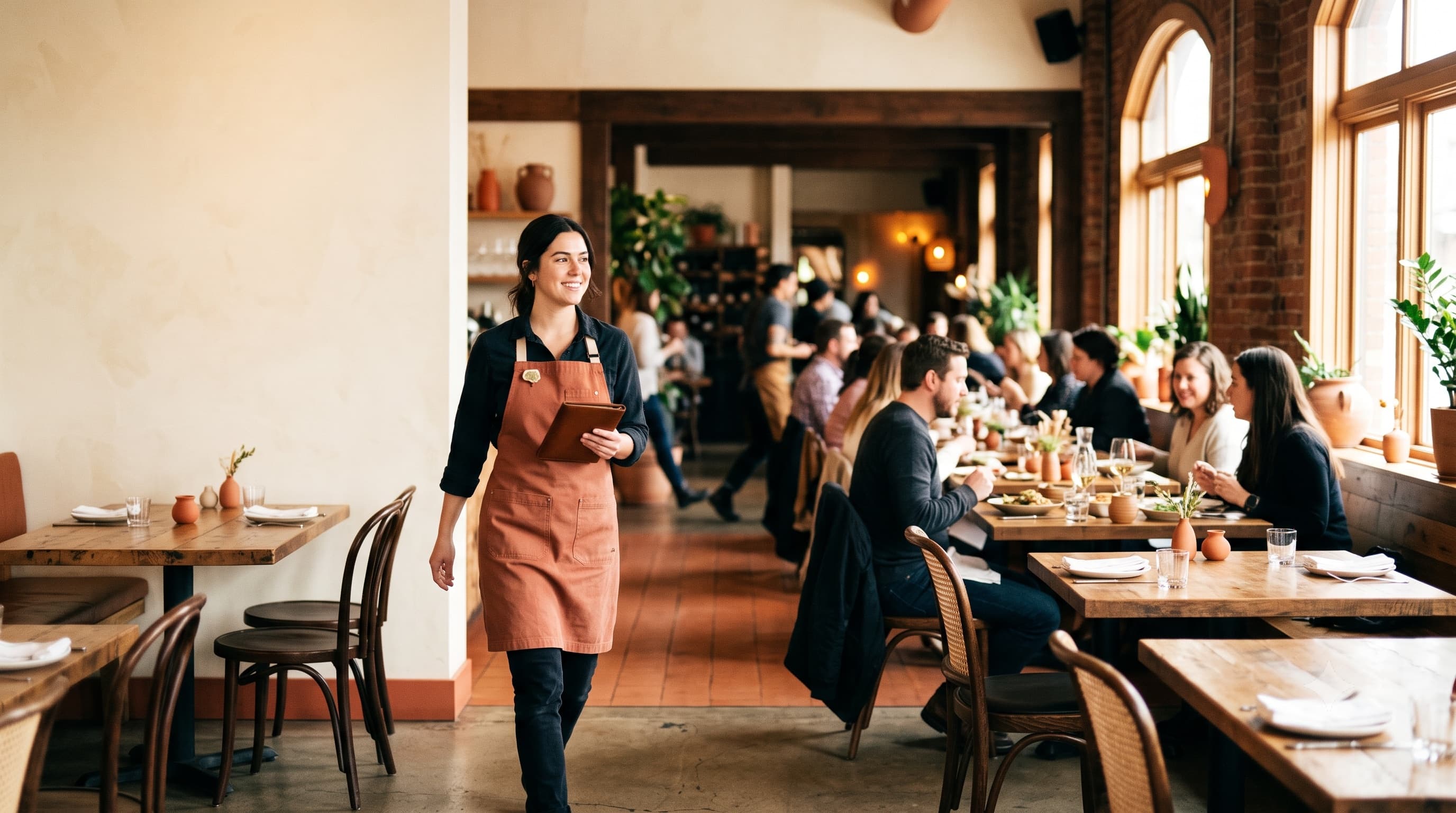 A smiling server in a terracotta apron walks the floor of a warm, busy restaurant, tablet in hand