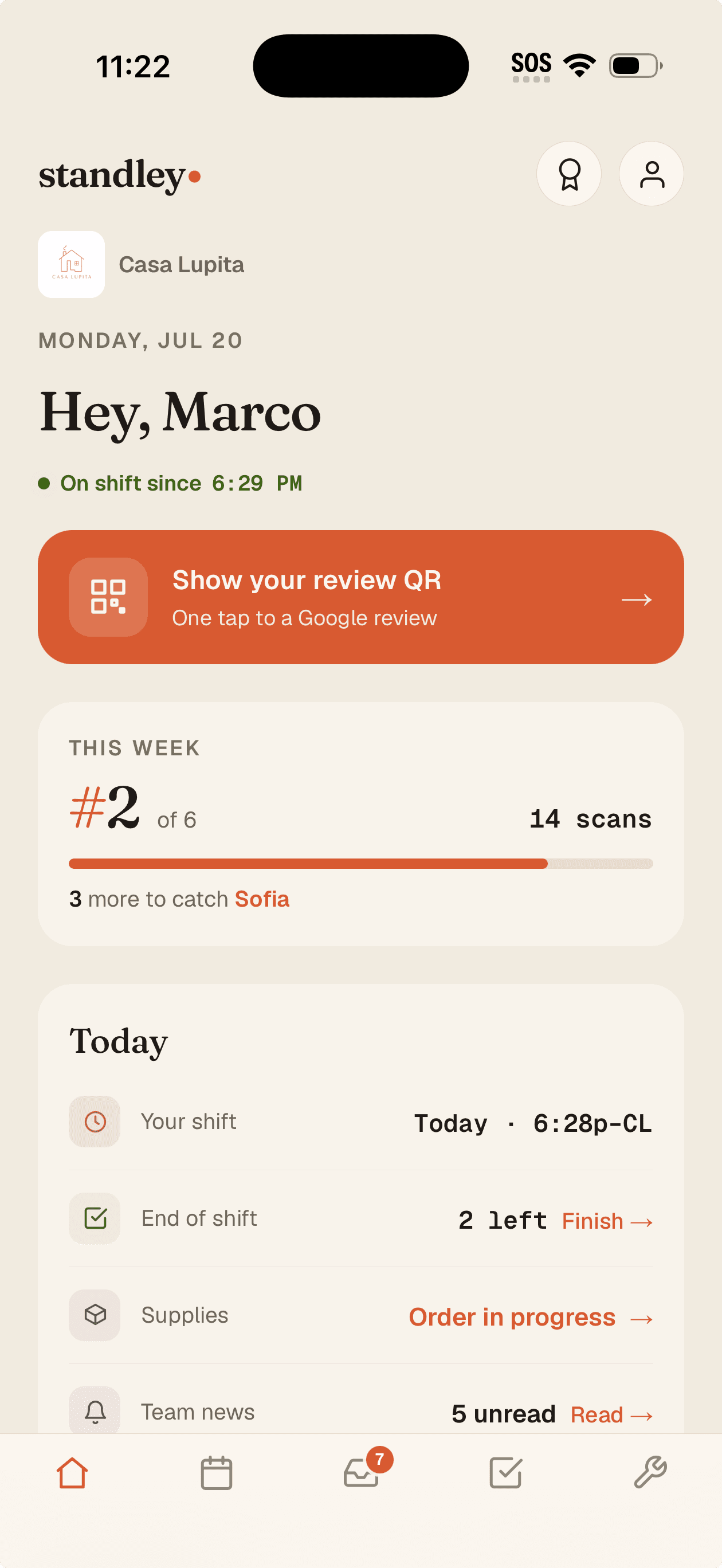 The staff home — “Hey, Marco” — on shift since 6:29, the review QR one tap away, this week's standing