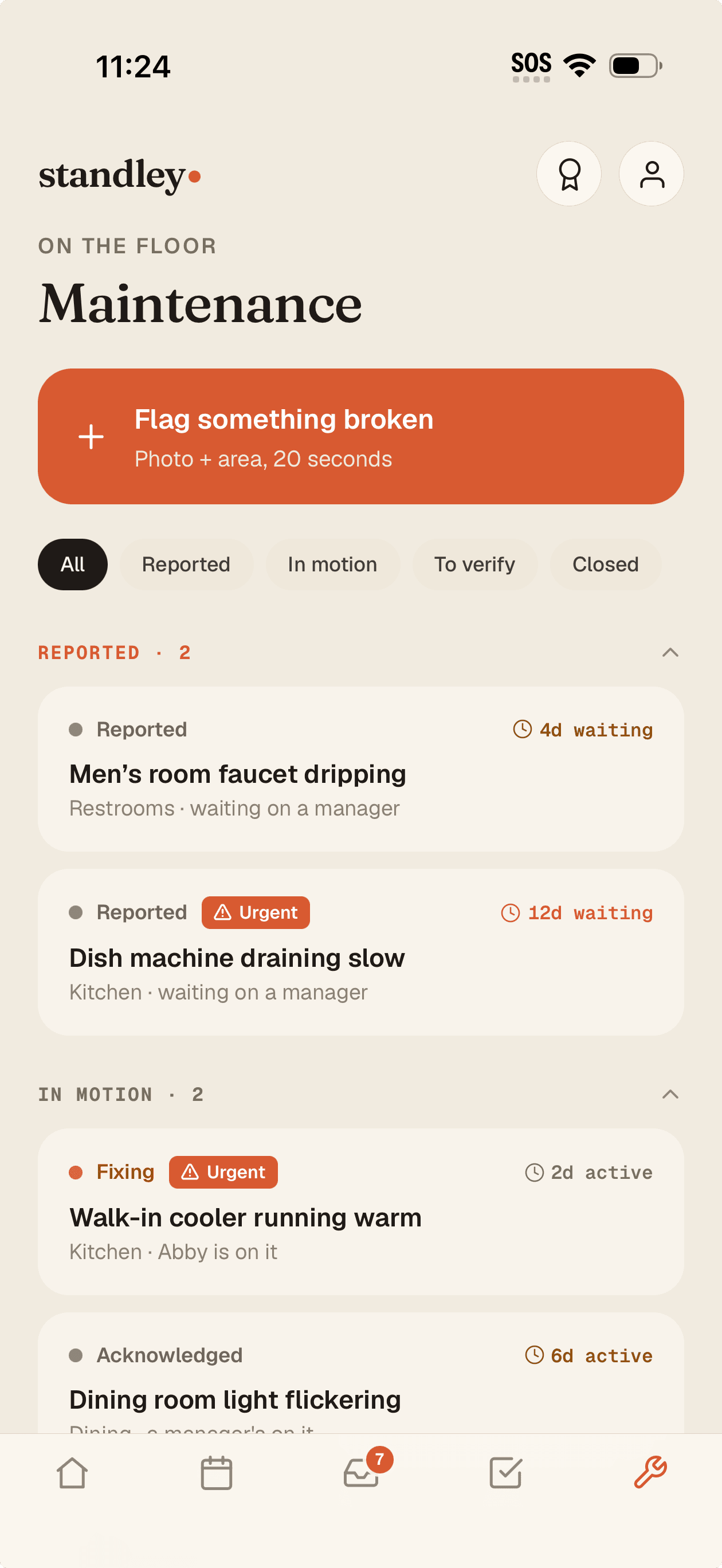 Maintenance on the staff phone — “Flag something broken · photo + area, 20 seconds”