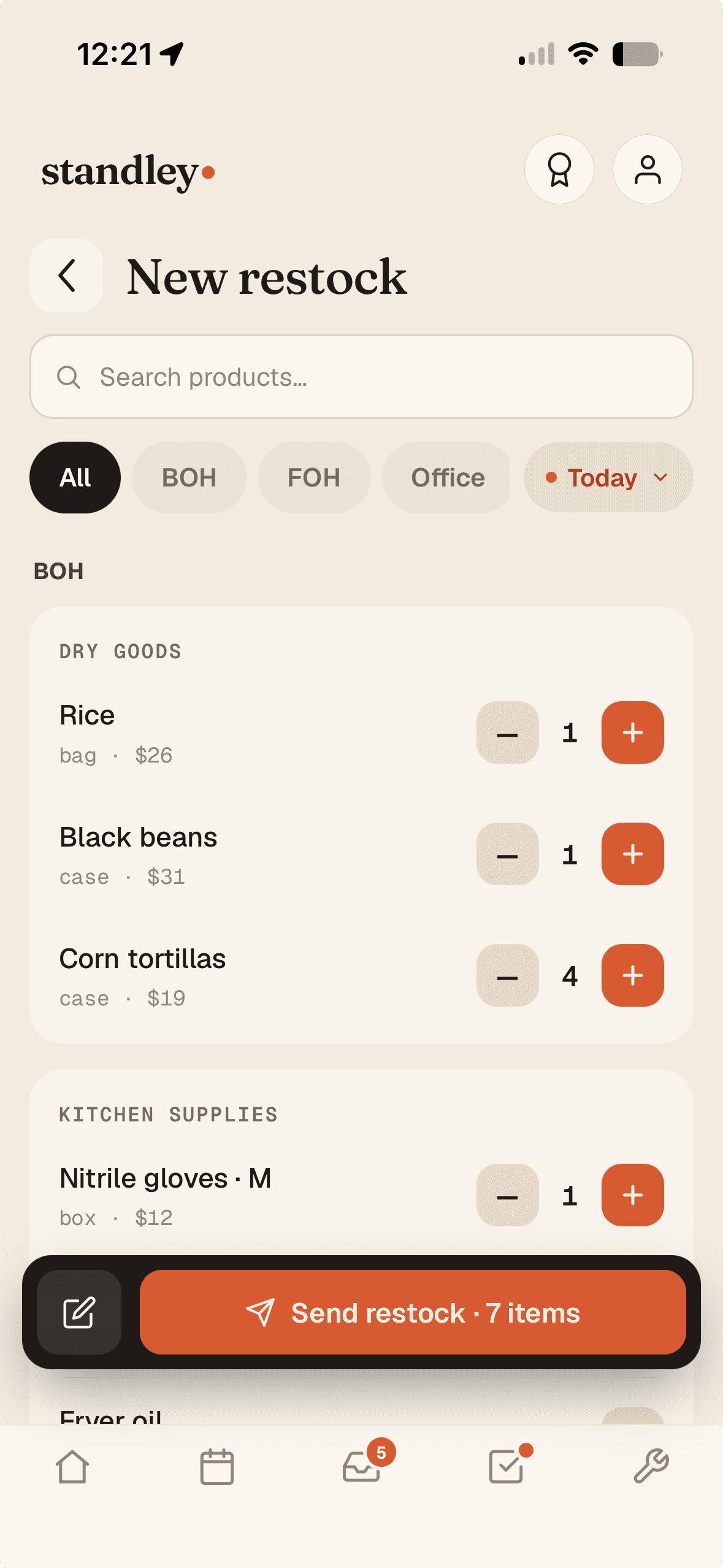 A new restock — tap quantities by department and send; seven items in the cart