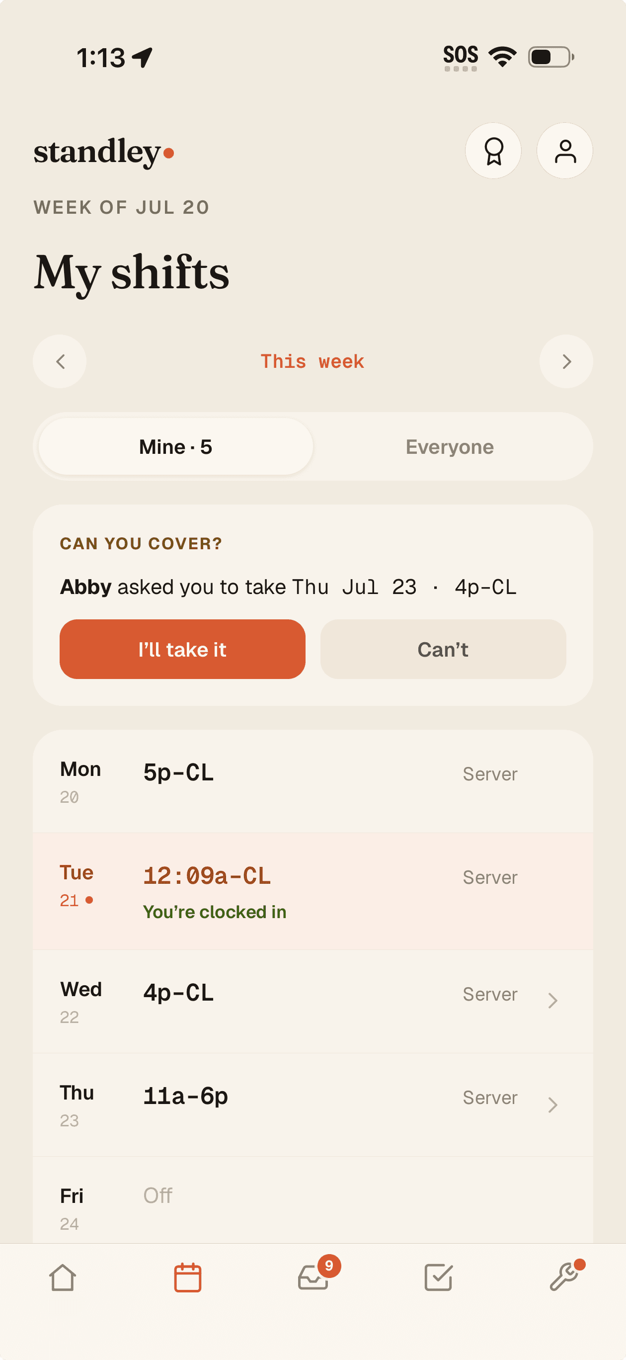 My shifts with a cover ask on top — “Abby asked you to take Thu 4p–CL” — I'll take it or Can't