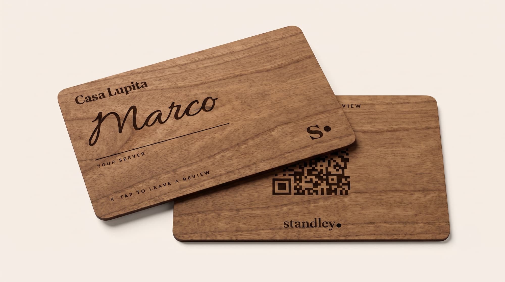 standley wooden review cards — Marco's engraved card and the code on the back