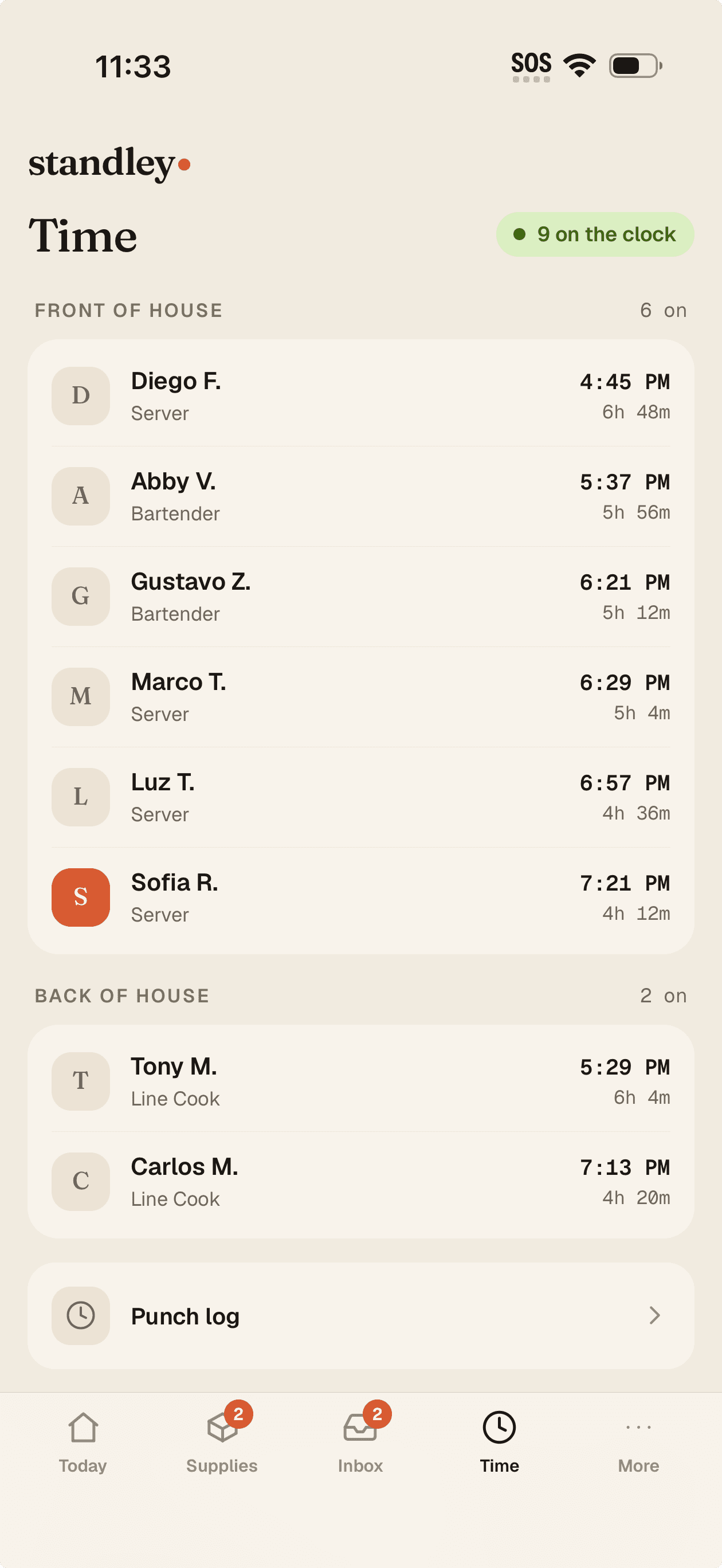 Time on the owner phone — who's on the clock by department, with the punch log one tap away