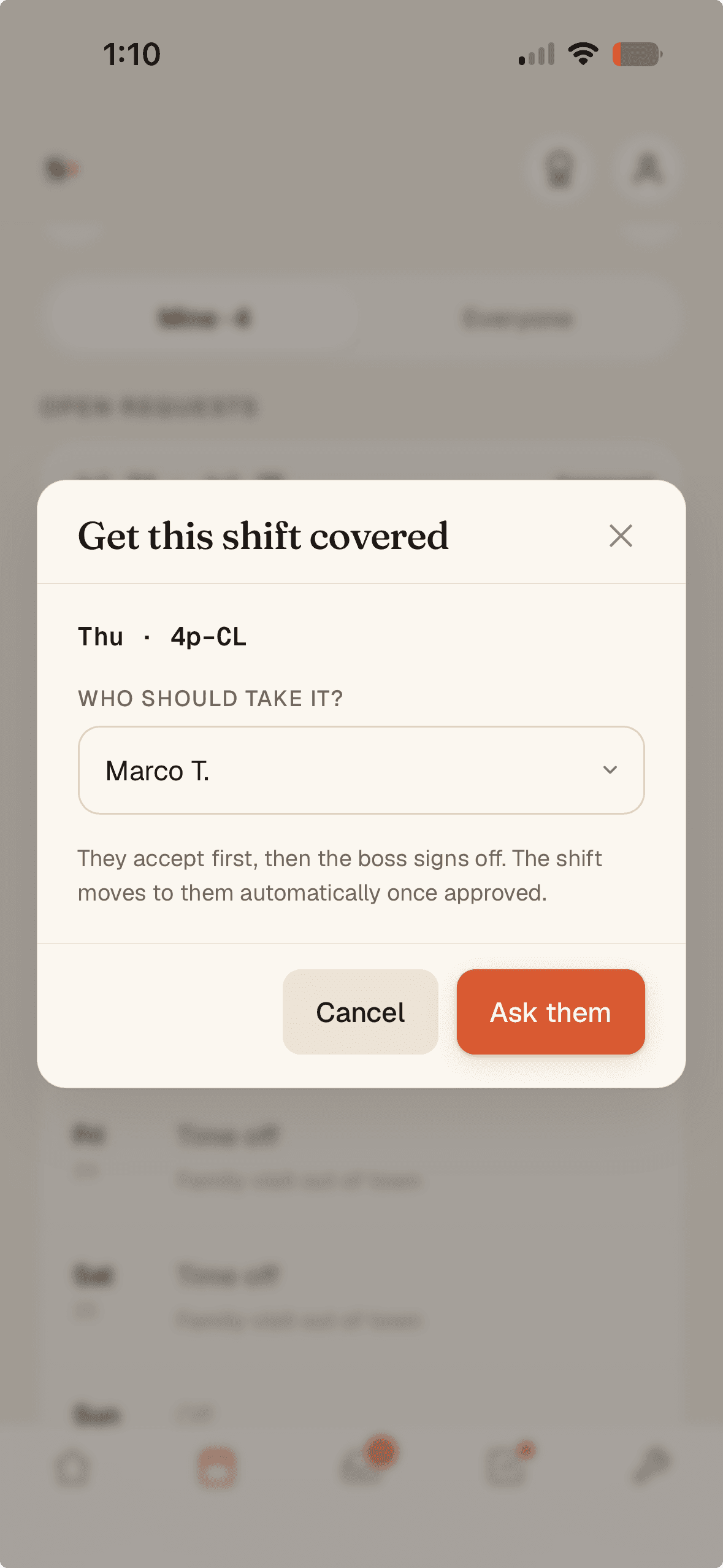 “Get this shift covered” — pick a teammate to ask; they accept first, then the boss signs off