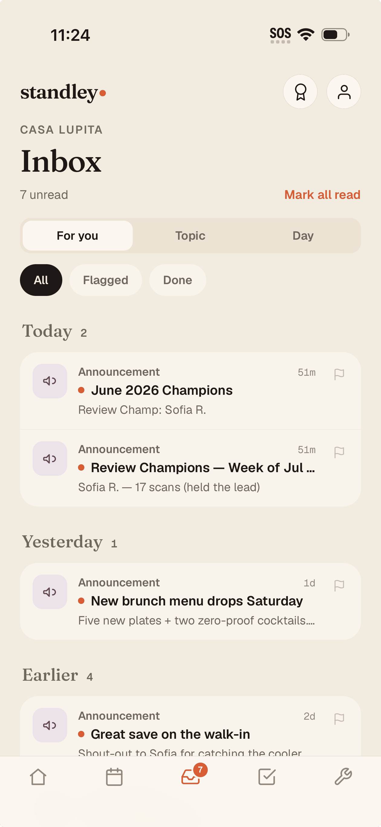 The staff inbox — recognition and announcements, read on the clock