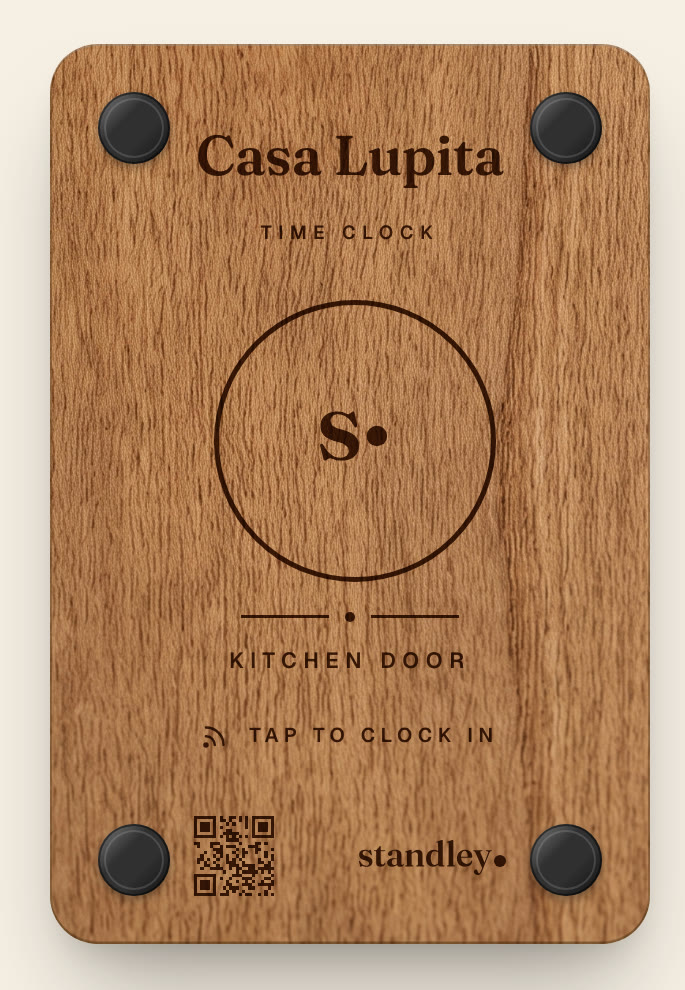 standley clock-in station — engraved wooden plaque with tap ring and door label